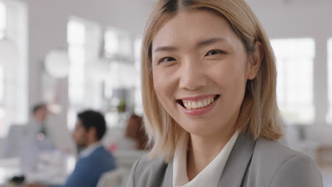 portrait asian business woman smiling happy entrepreneur enjoying successful startup company proud manager in office workspace