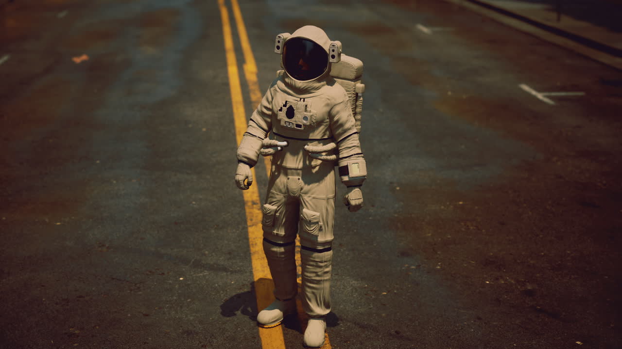 Menjelajahi jalanan surealis bersama seorang astronot di lanskap perkotaan