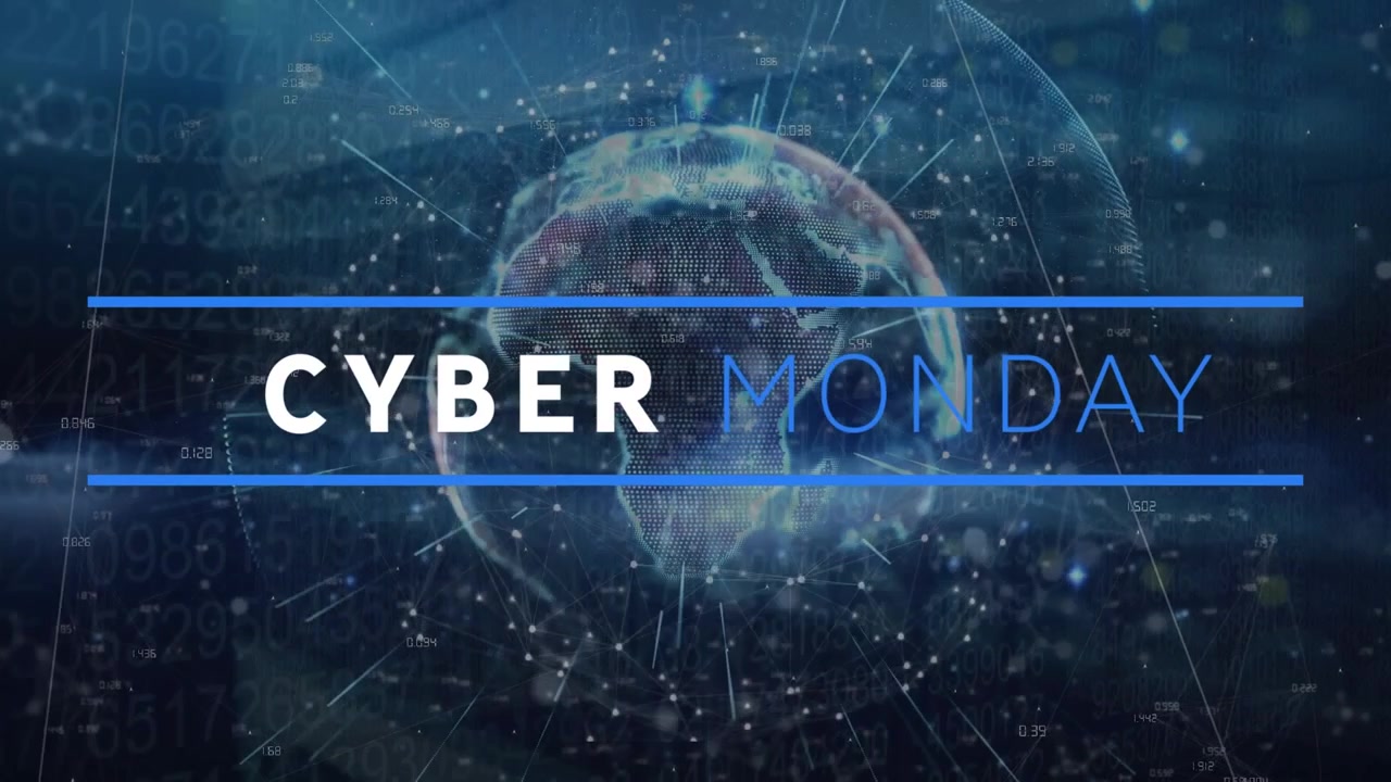 Animation af Cyber Monday-tekst og globus over serverrum.