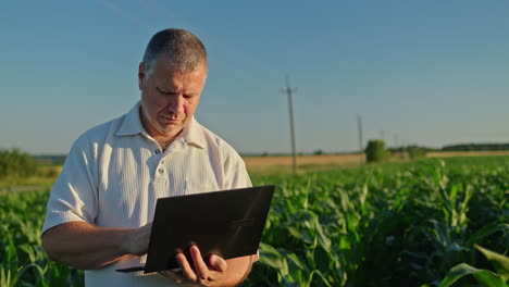 farmer using laptop in cornfield