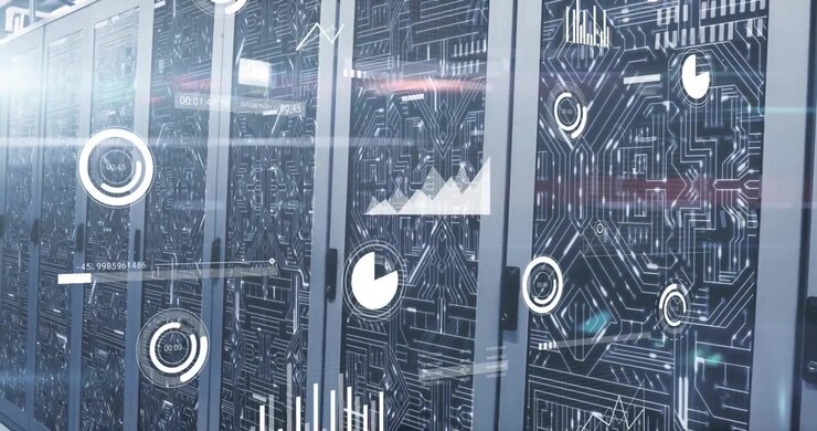 On boot HUD overlays emerging above servers, scaling, updating data showing monitoring interface