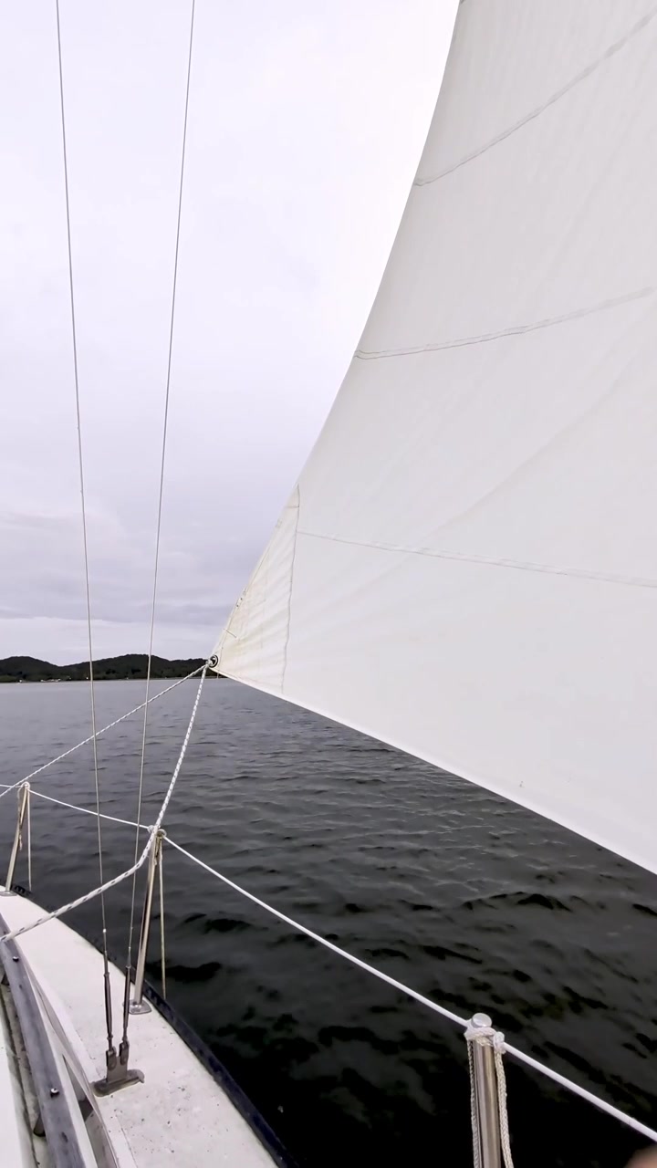 Vista verticale dal ponte di una barca a vela che guarda oltre un fiocco bianco completamente spiegato attraverso acqua scura verso colline distanti sul lago Guntersville in Alabama.