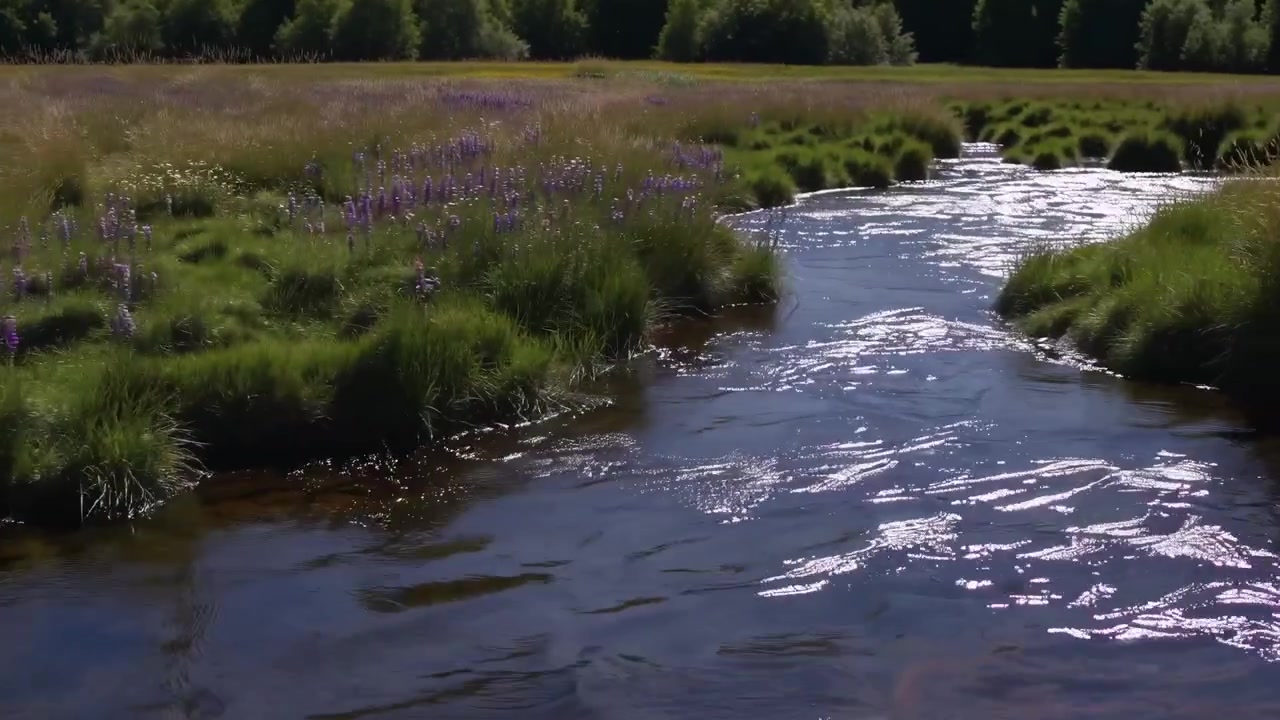 Malerischer Bach, der sich durch ein grünes Feld mit Wildblumen schlängelt