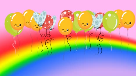 Animation-of-illustration-of-balloons-over-rainbow,-on-pink-background