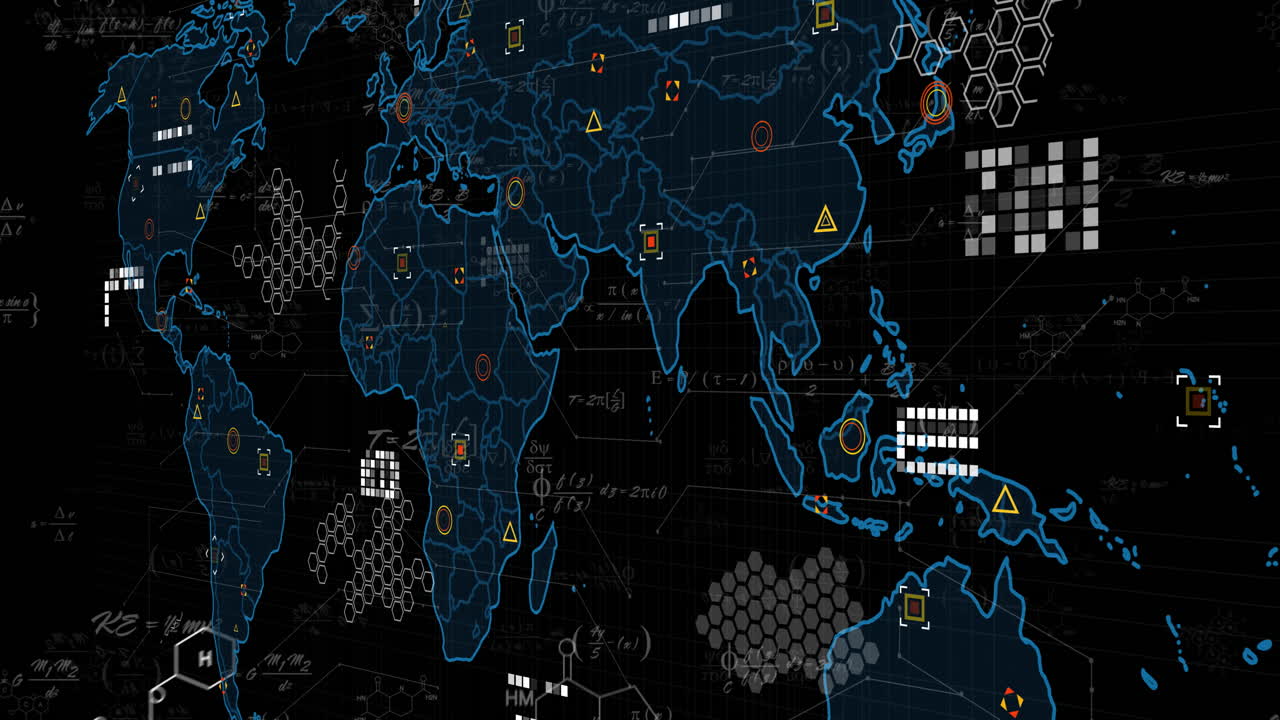 Animation overlaying world map with digital data icons and hexagonal patterns