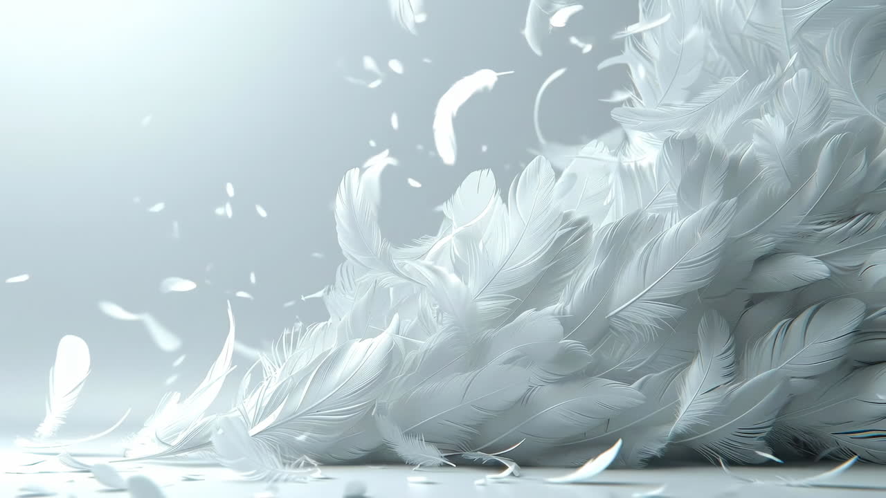 Soft white feathers scattered. Delicate white feathers rest on a light surface, softly lit, creating a serene atmosphere