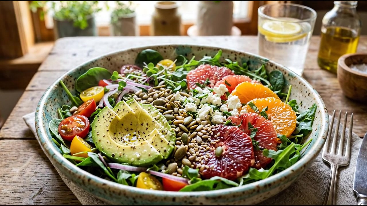 Ensaladera fresca con verduras y huevos en la mesa del comedor