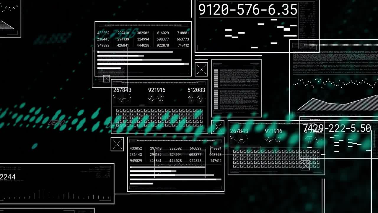Animation of interfaces with data processing against black background