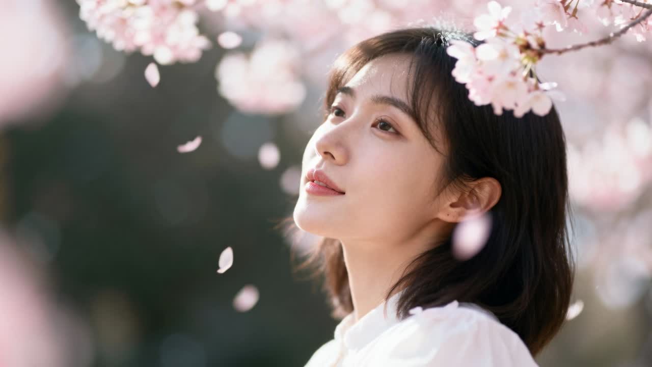 หญิงสาวชาวเอเชียกำลังเอียงตัวครุ่นคิด พร้อมกับสายลมที่พัดพากลีบดอกปลิวผ่านใต้กิ่งดอกไม้ ในชุดเสื้อเชิ้ตสีขาว