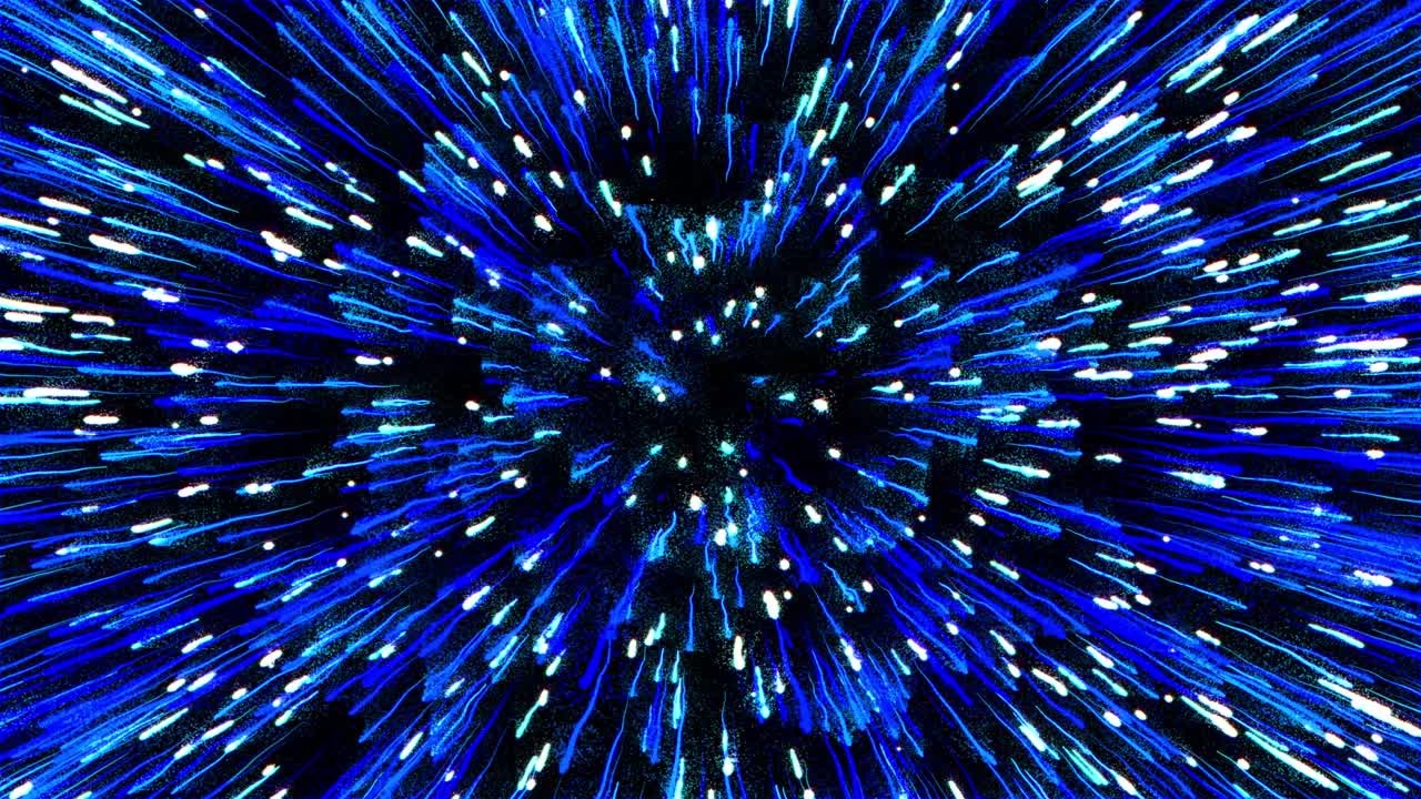 Blue energy lights fireworks moving in black background. 3d animation