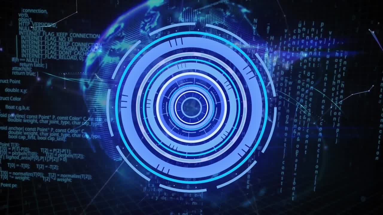 Animation of round scanner over data processing and globe of plexus network on black background