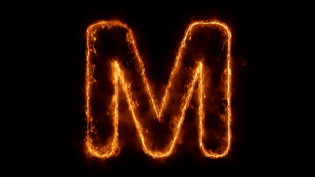 alfabeto m palabra animada caliente quema ciclo de llama de fuego realista.