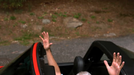 man raising up his hands in a car