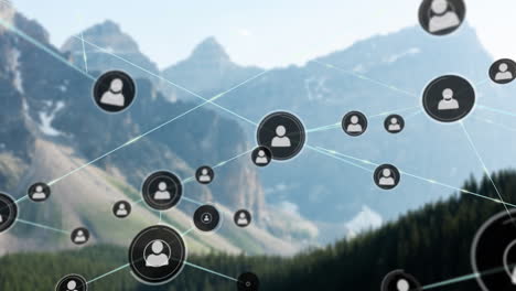 animation of network of connections with people icons over mountain landscape