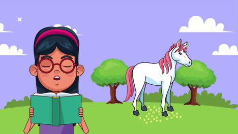 niña estudiante leyendo un libro en el campamento con personaje animado de unicornio