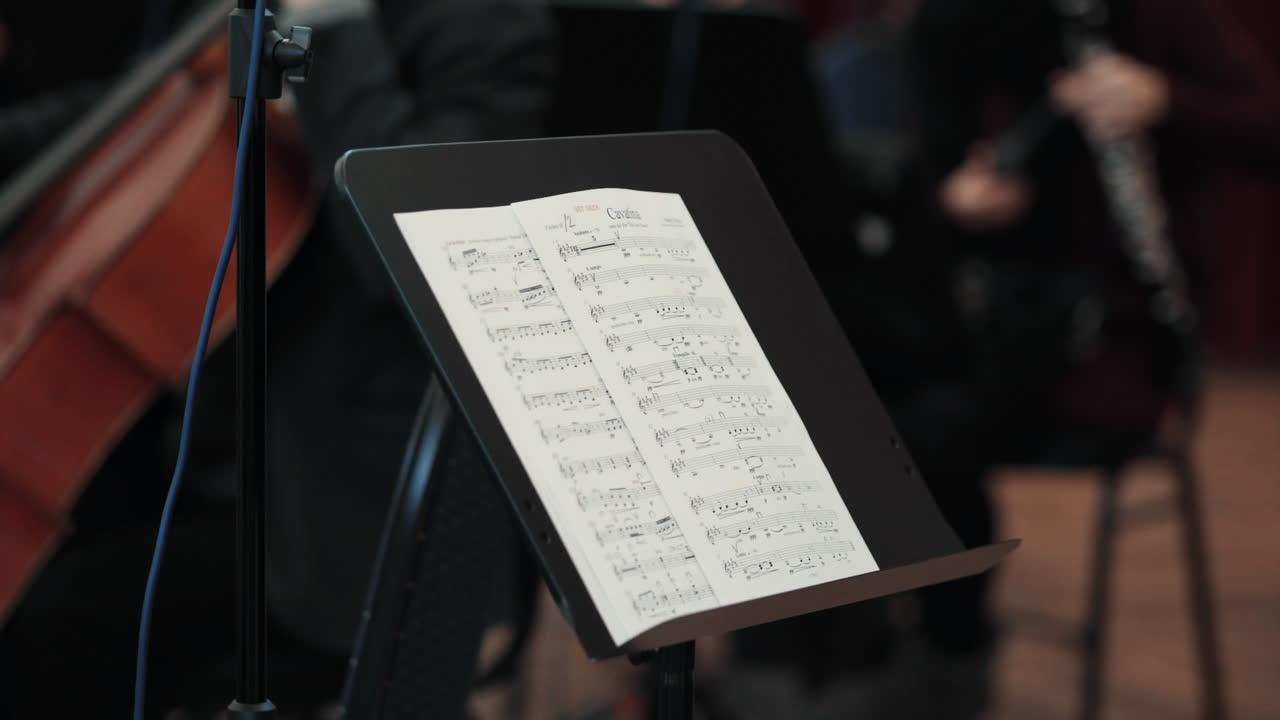 Sheet music on a stand with musicians playing in the background