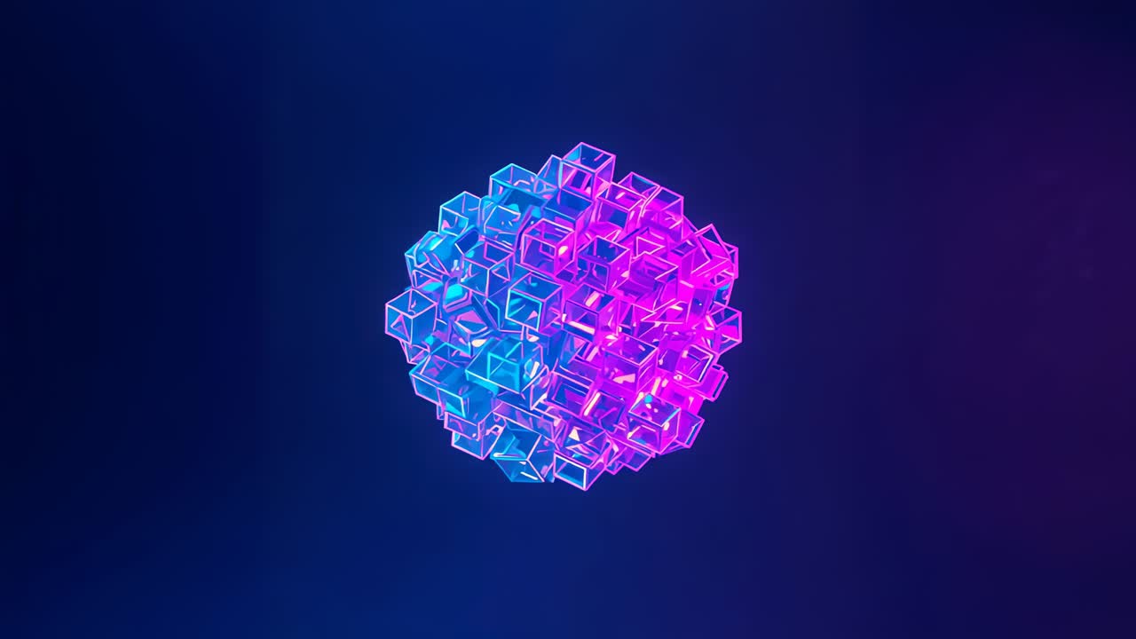 Playback starting rotating clear wirecube sphere pulsing showing form in studio cyan magenta light