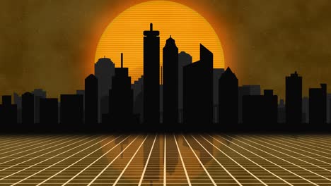 concepto de ciudad cyberpunk. ciencia ficción de los años 80. puesta o amanecer sobre la ciudad. cinemagraph