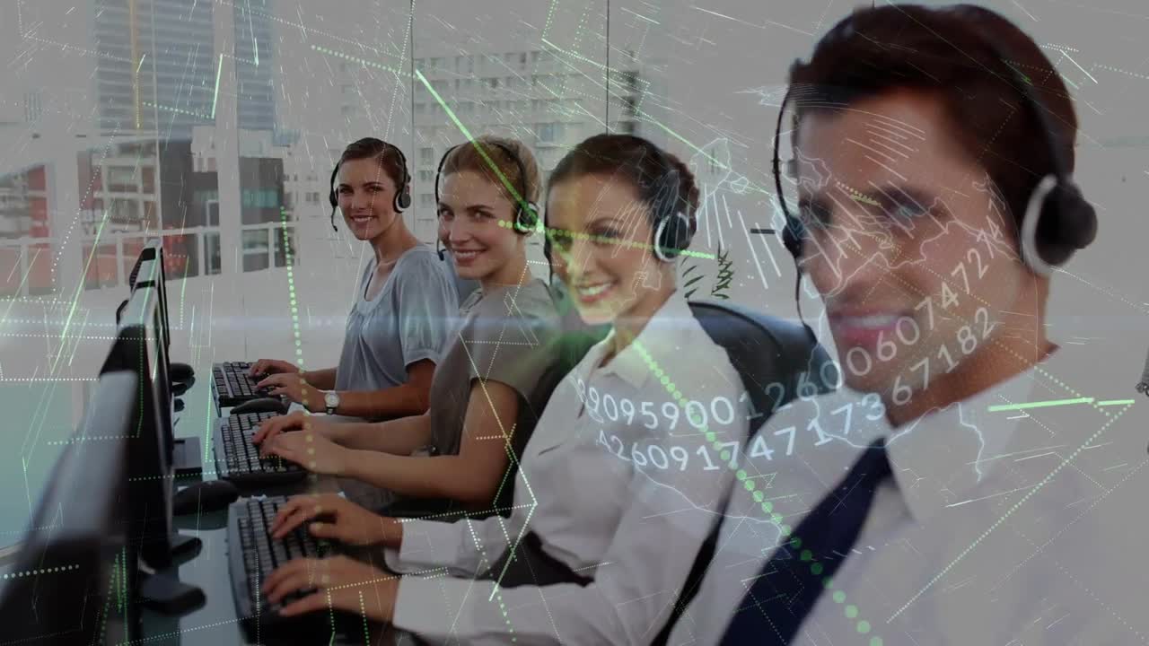 전화 헤드 ⁇  을 사용하는 사업가 들 의 전 세계 에 대한 애니메이션