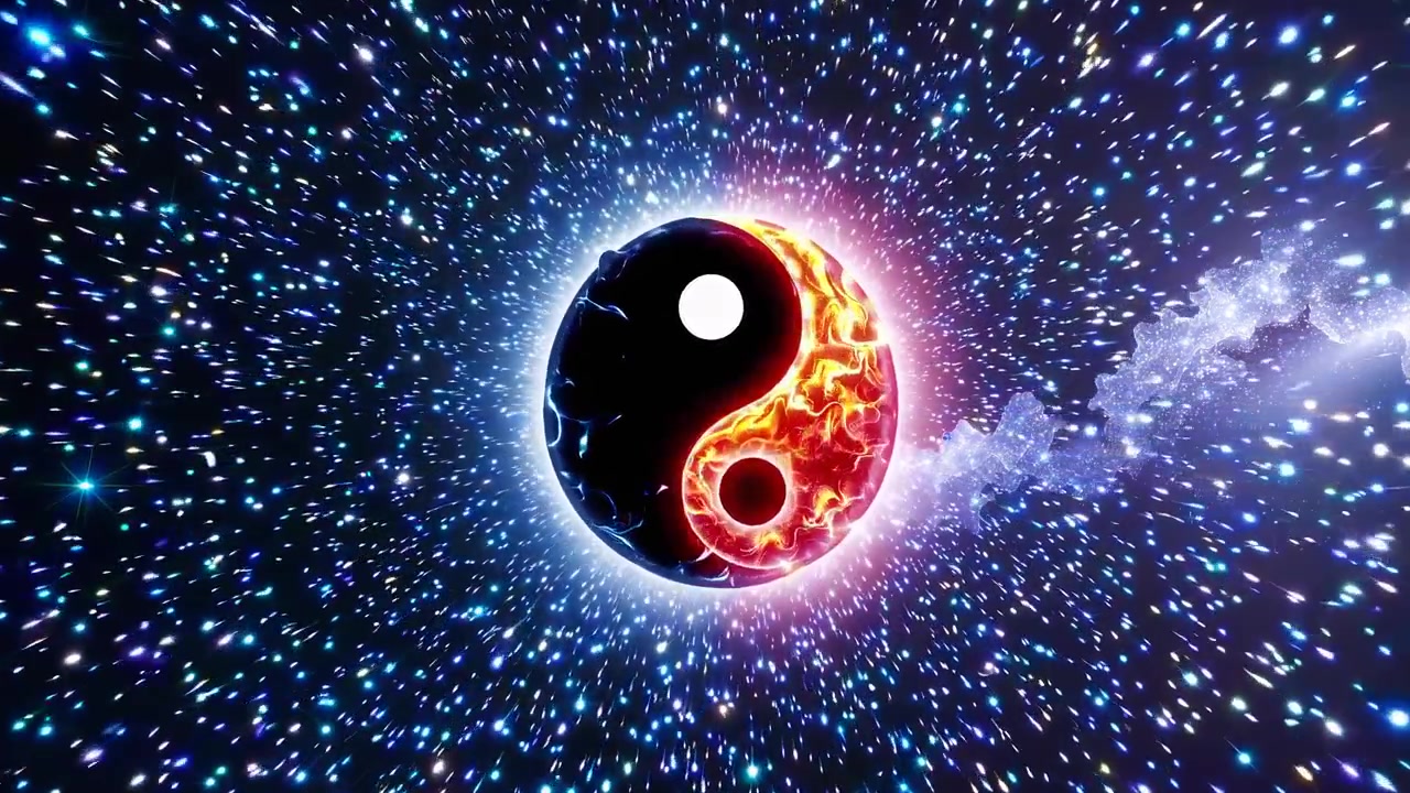 Simbolo Yin Yang luminoso in un campo stellare cosmico con particelle di energia