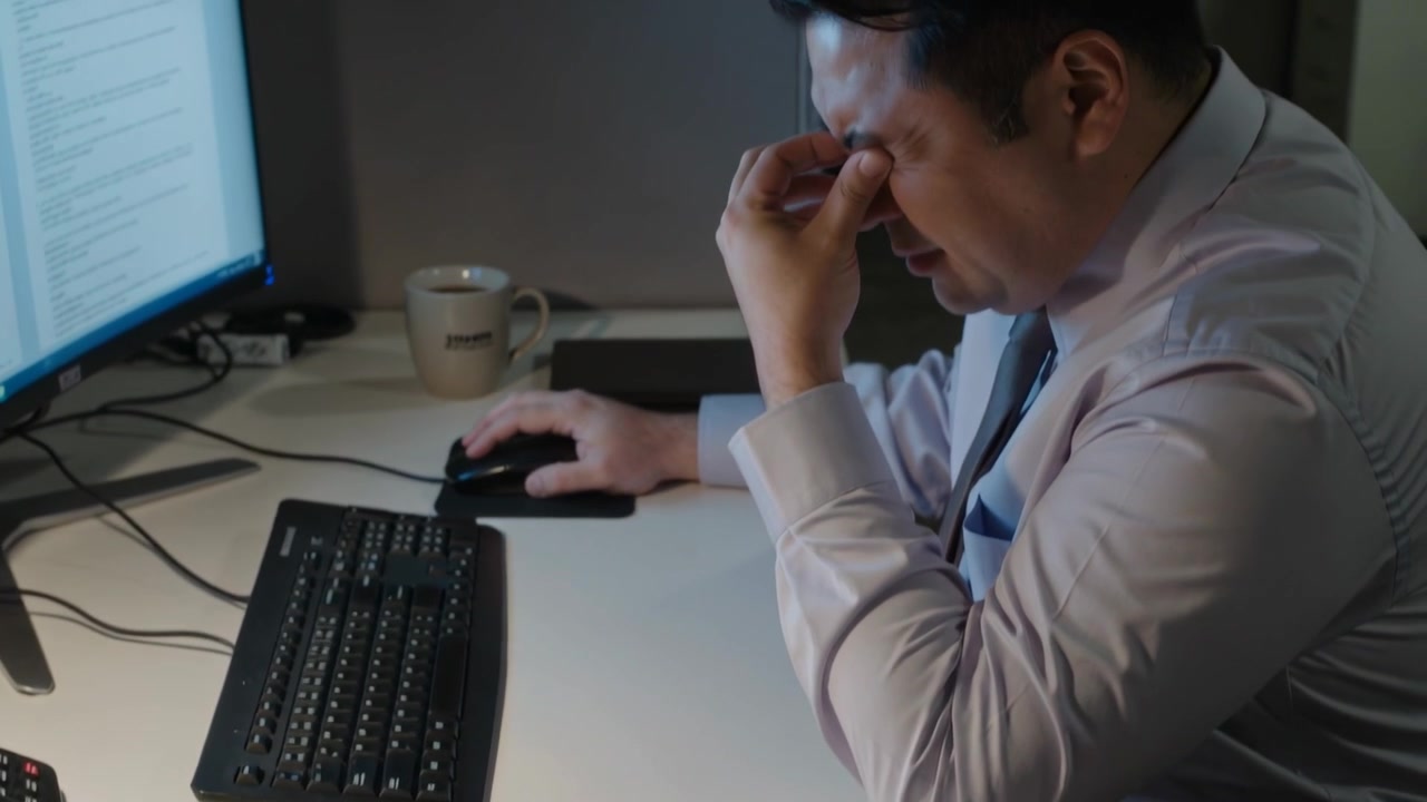 Seeing report, worker in tie moving mouse, rubbing nose from eye strain, resuming typing at desk