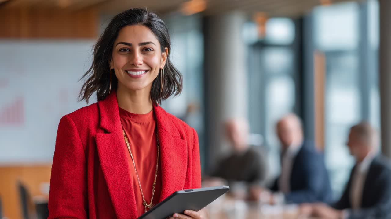 Confident Businesswoman Presenting Ideas in a Modern Office Environment, Showcasing Leadership Skills with Engaged Colleagues in the Background