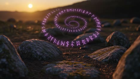 a mysterious spiral of enigmatic symbols and ancient stones at sunset, capturing the essence of nature and the mystical connection of runic language