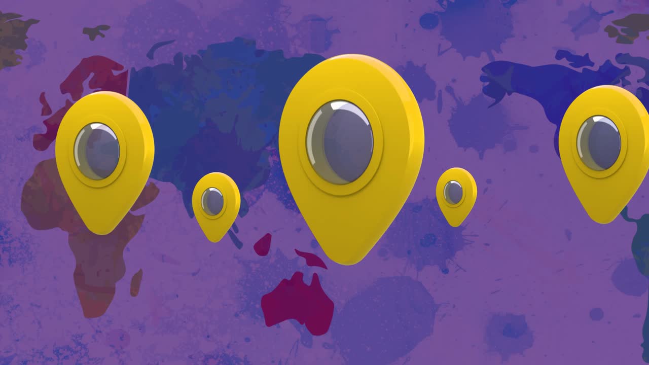 animación de alfileres de ubicación amarillos rebotando sobre el mapa del mundo