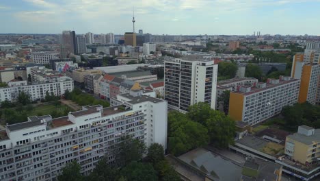 tv-tower,-Marvelous-aerial-top-view-flight-Ghetto-Building-Mehringplatz-place-city-Berlin-steglitz,-Germany-Summer-day-2023