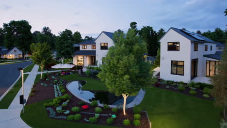 modern residential neighborhood with contemporary homes at twilight