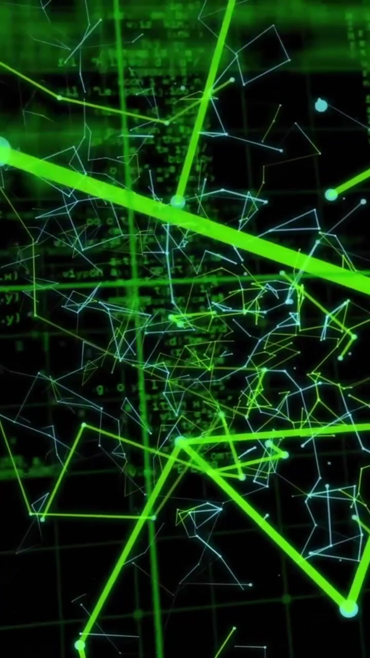 Animation of data processing over blue and green networks of connections on black background