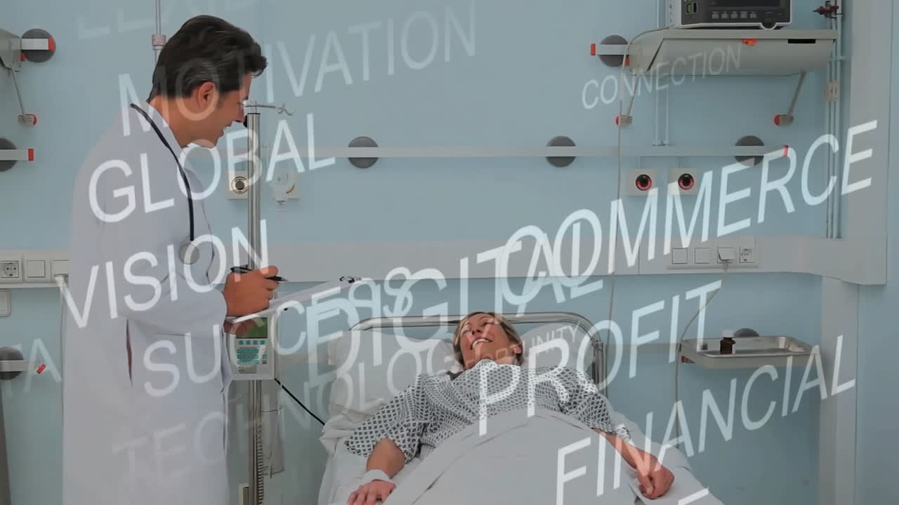 Animation of texts over caucasian male doctor and female patient in hospital