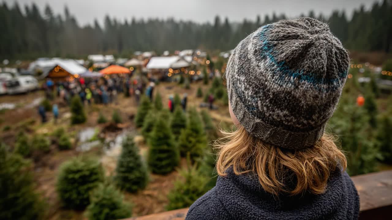 Contemplative Moment in a Lush Christmas Tree Farm Amidst Festive Gatherings and Winter Wonderland Vibes, Perfect for Capturing Seasonal Joy and Nature's Beauty