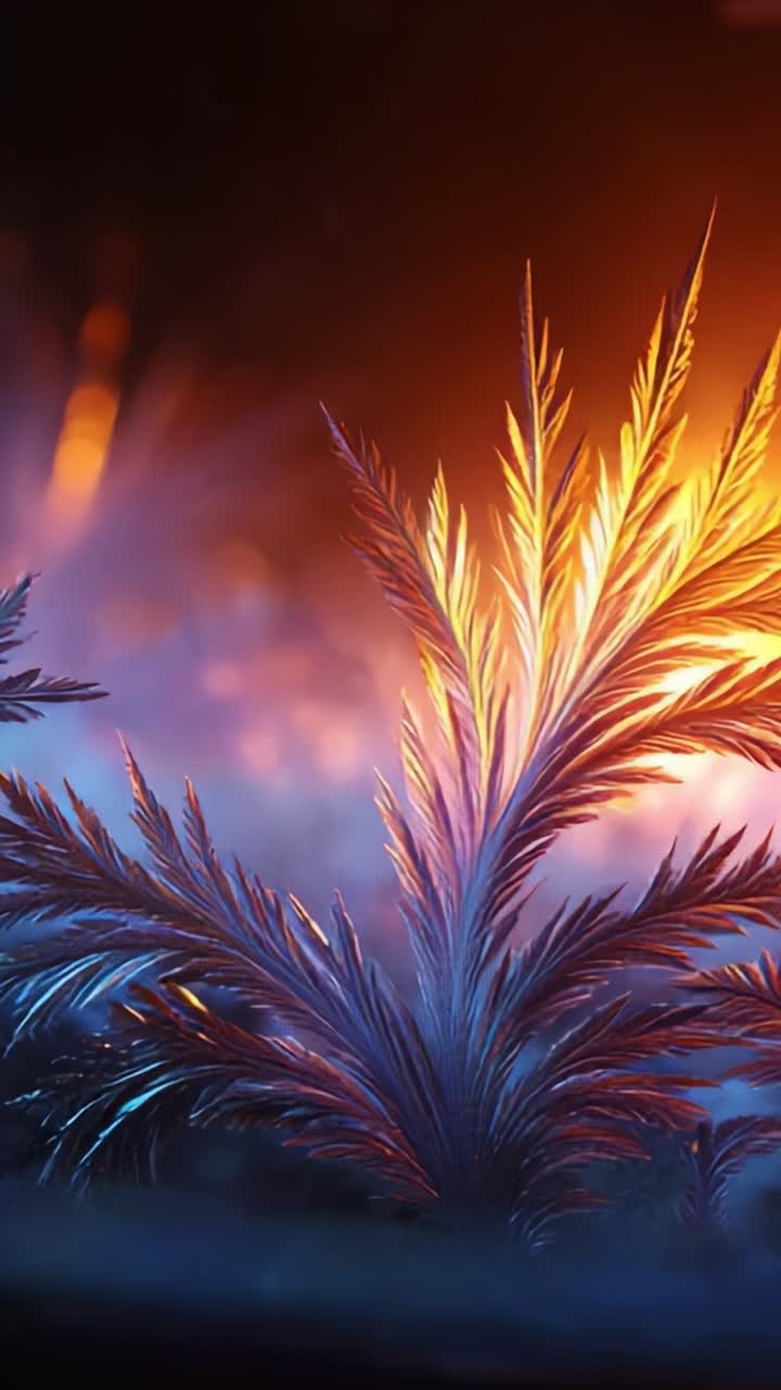 A mesmerizing display of intricate frost patterns illuminated in vibrant hues of orange and blue captures the enchanting beauty of winter's touch on delicate foliage, showcasing nature's artistry in detail