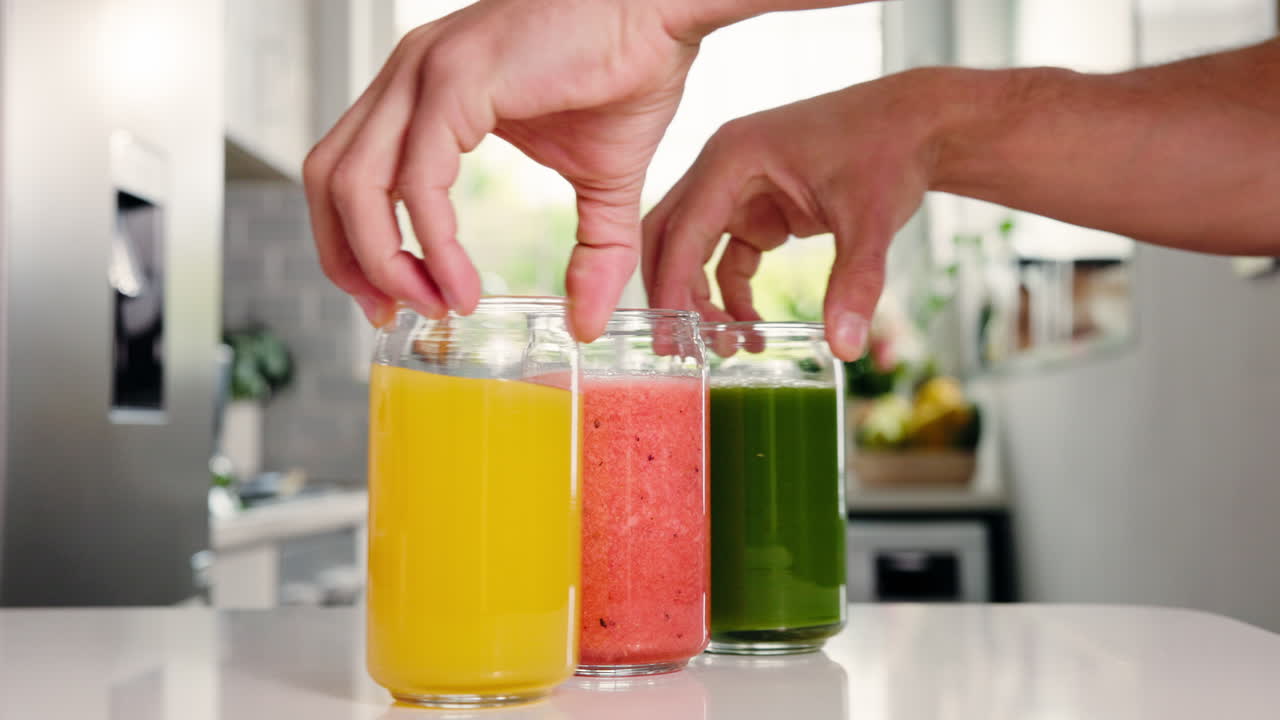 Hands Placing Colorful Healthy Drinks on a Kitchen Counter