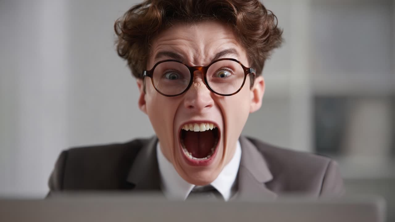 Intense Emotional Expression: A Close-Up of a Frustrated Individual in Business Attire Demonstrating Anger and Discontent While Looking at a Laptop Screen