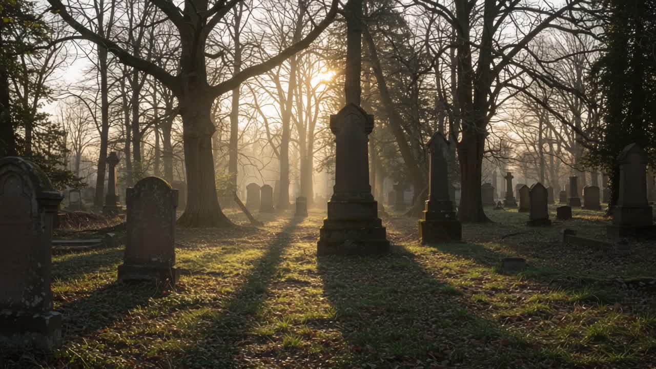 Ethereal Morning Light Filtering through Cemetery Trees, Casting Dramatic Shadows and Highlighting Tombstones in a Serene and Reflective Atmosphere