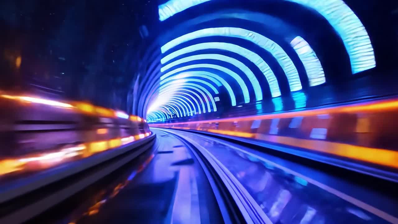 A colorful, neon-lit tunnel with motion blur as the camera moves through it