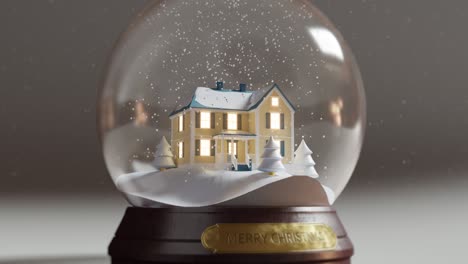 winter landscape, country house with glowing light in windows, christmas trees, falling snow inside glass snow globe