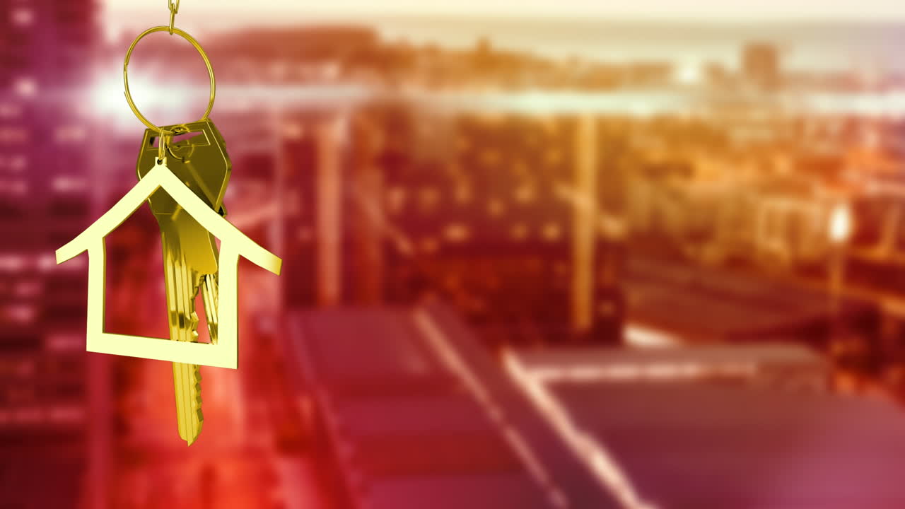 Animation of gold house key and fob over out of focus cityscape