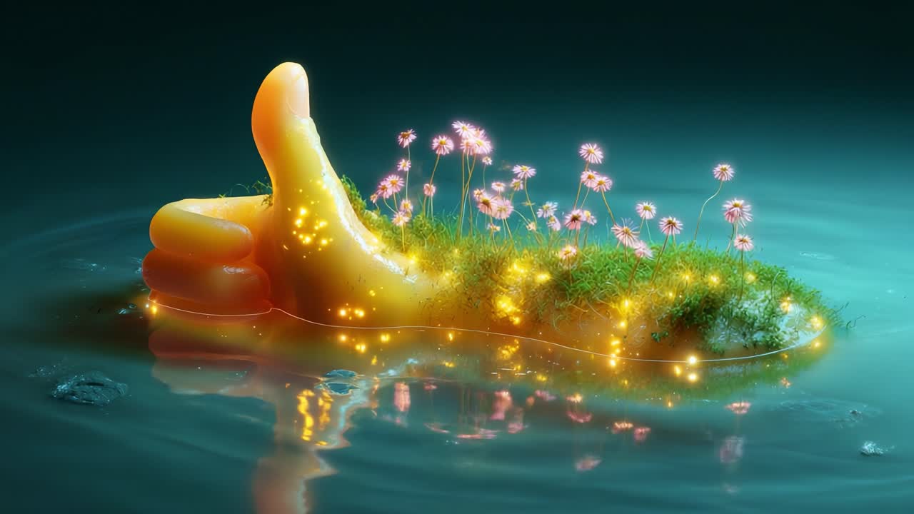 A Vibrant Thumb Emerges from Tranquil Waters, Adorned with Lush Greenery, Sparkling Lights, and Delicate Flowers, Signifying a Unique Blend of Nature and Creativity in Art