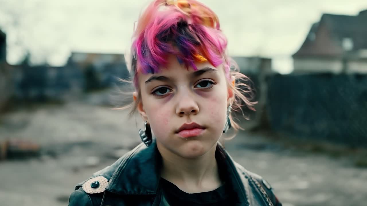 una mujer joven con cabello colorido en una postura de estilo punk