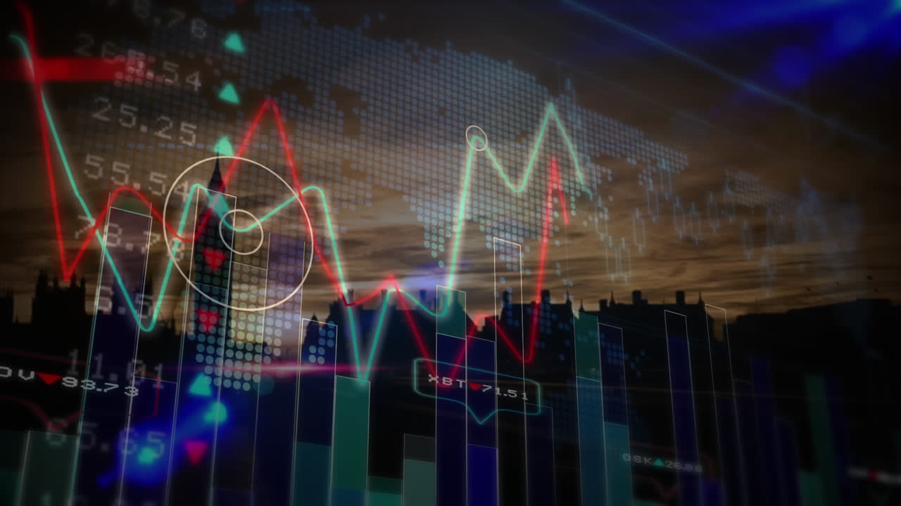 datos del mercado de valores fluctuando contra el fondo de la ciudad