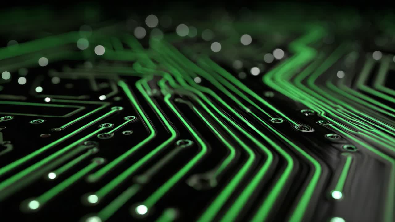 Detailed Close-Up of a Green Circuit Board with Intricate Pathways Reflecting Light, Capturing the Essence of Modern Technology and Electronic Design