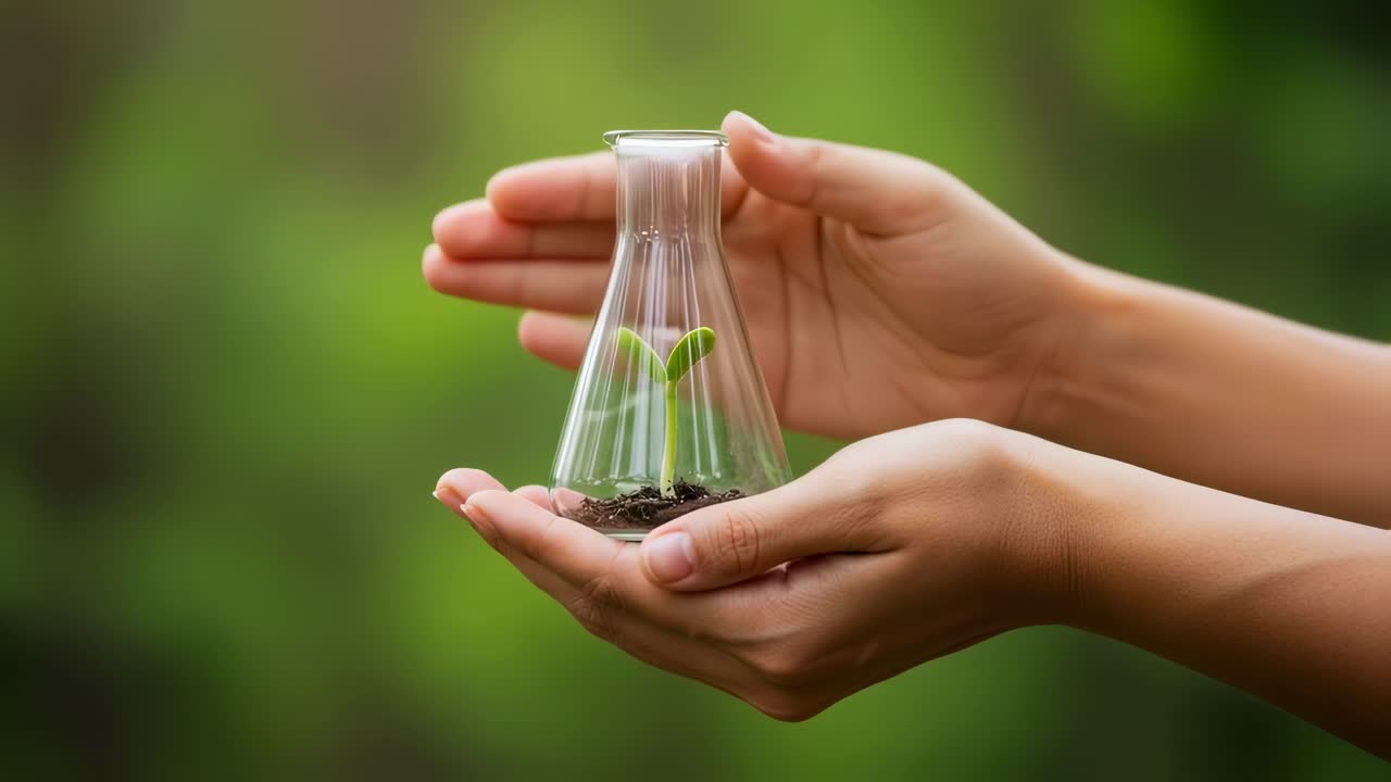 Cultivating a tiny seedling placed carefully inside a clear glass flask, nestled in a vibrant garden filled with greenery during the bright daylight
