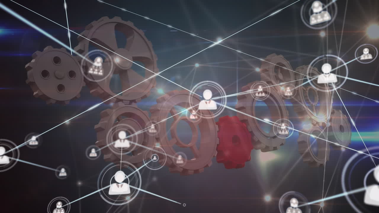 анимация растущей сети значков людей, передающих данные по движущимся колесам