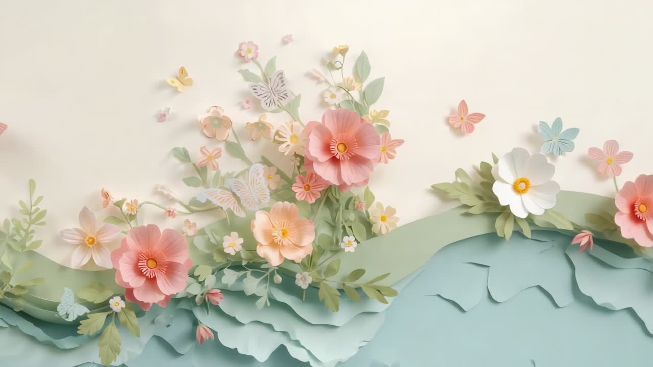Shifting paper-flower cluster, frames revealing white bloom opening in studio, waves, butterflies