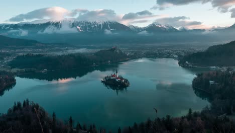 stunning 4k aerial drone video captures lake bled, slovenia, at sunrise