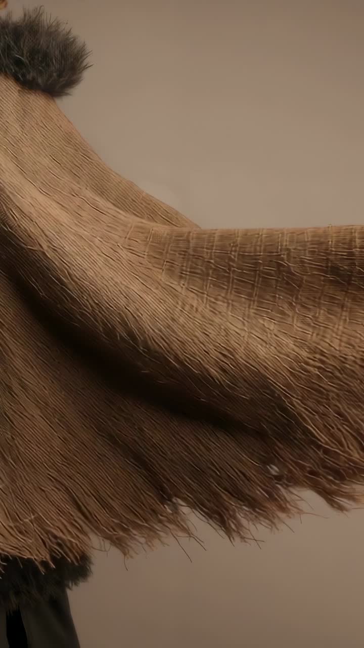 Video verticale: modello che ruota indossando un poncho marrone con frange, drappeggio e colletto in pelliccia su un set beige