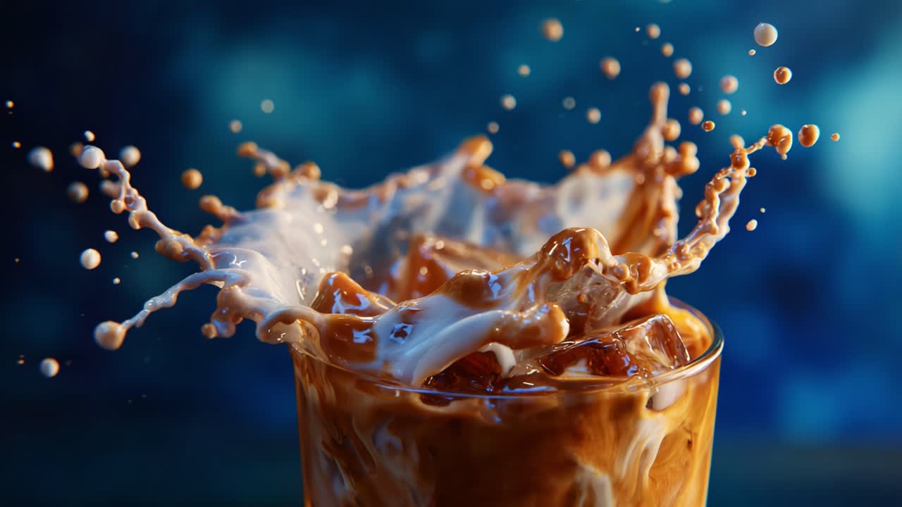 Esplosione dinamica e artistica di panna e ghiaccio in una bevanda, catturata in dettagli sorprendenti, che mette in mostra la bellezza del movimento dei liquidi e il piacere di una bevanda rinfrescante